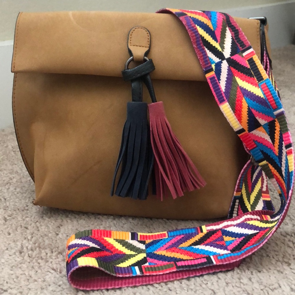 Brown Crossbody with colorful strap